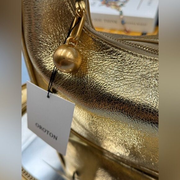 🆕 OROTON 🧿 NWT Clara Mini Convertible Crossbody Bag, Crinkle Gold Leather - Picture 8 of 15